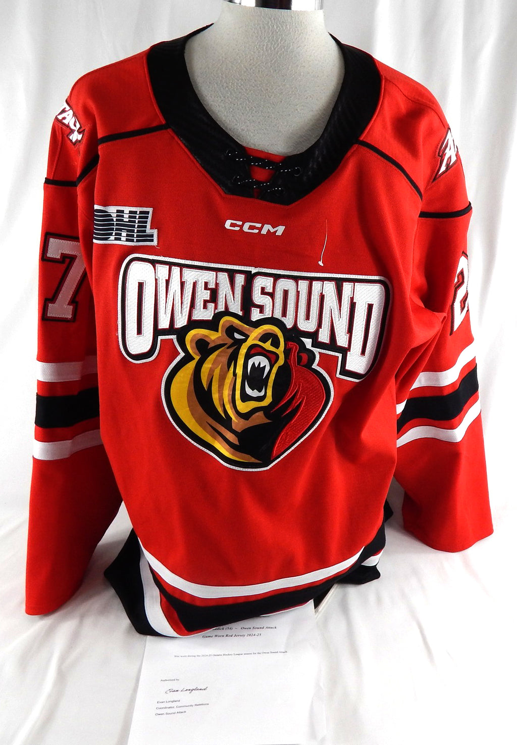2024-25 Owen Sound Attack Declan Waddick #27 Game Used Red Jersey 54 619