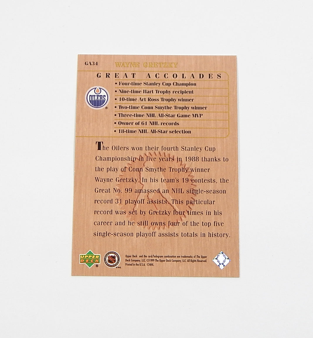 1999 Upper Deck Wayne Gretzky Living Legend Great Accolades Most Assists #GA34 Pic2