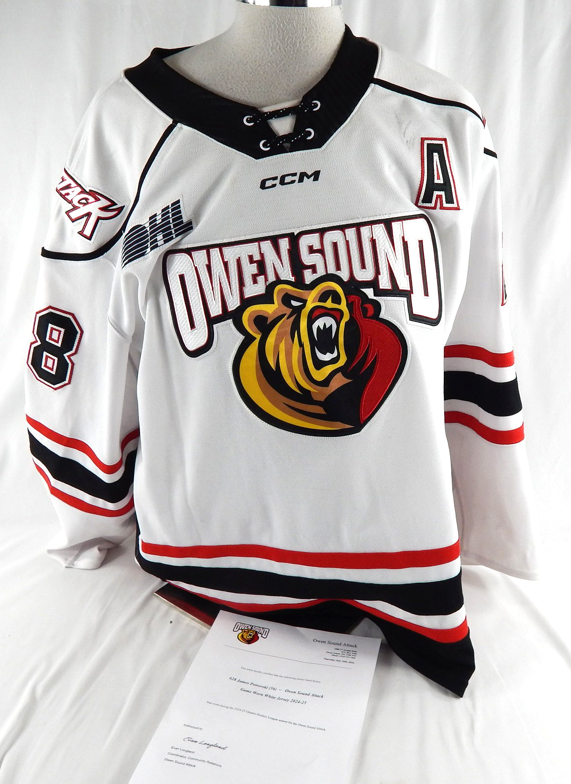 2024-25 Owen Sound Attack James Petrovski #28 Game Used White Jersey 56 621