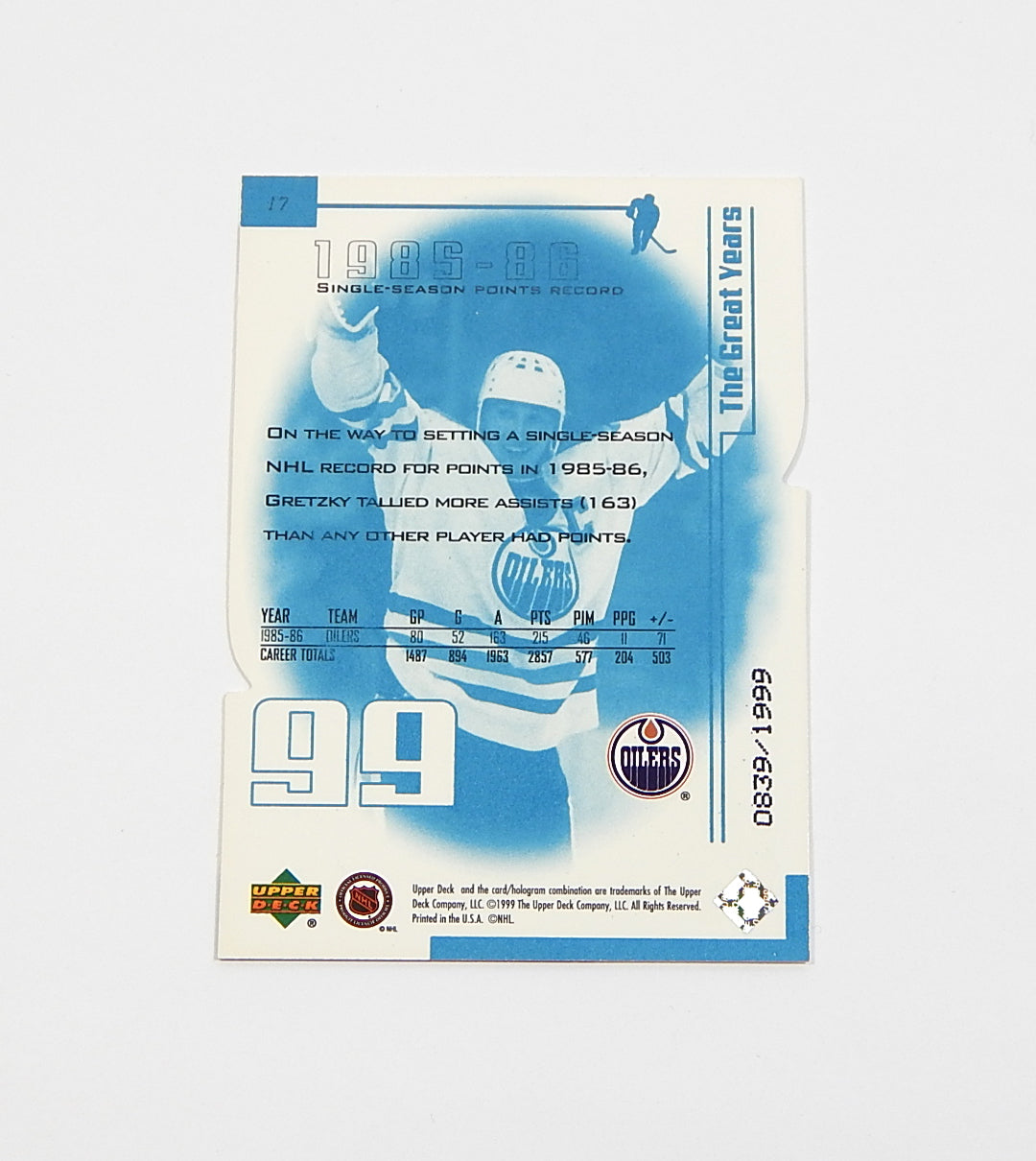 1999 UD Wayne Gretzky Living Legend Year of the Great One #17 Die-Cut #'d /1999 Pic2
