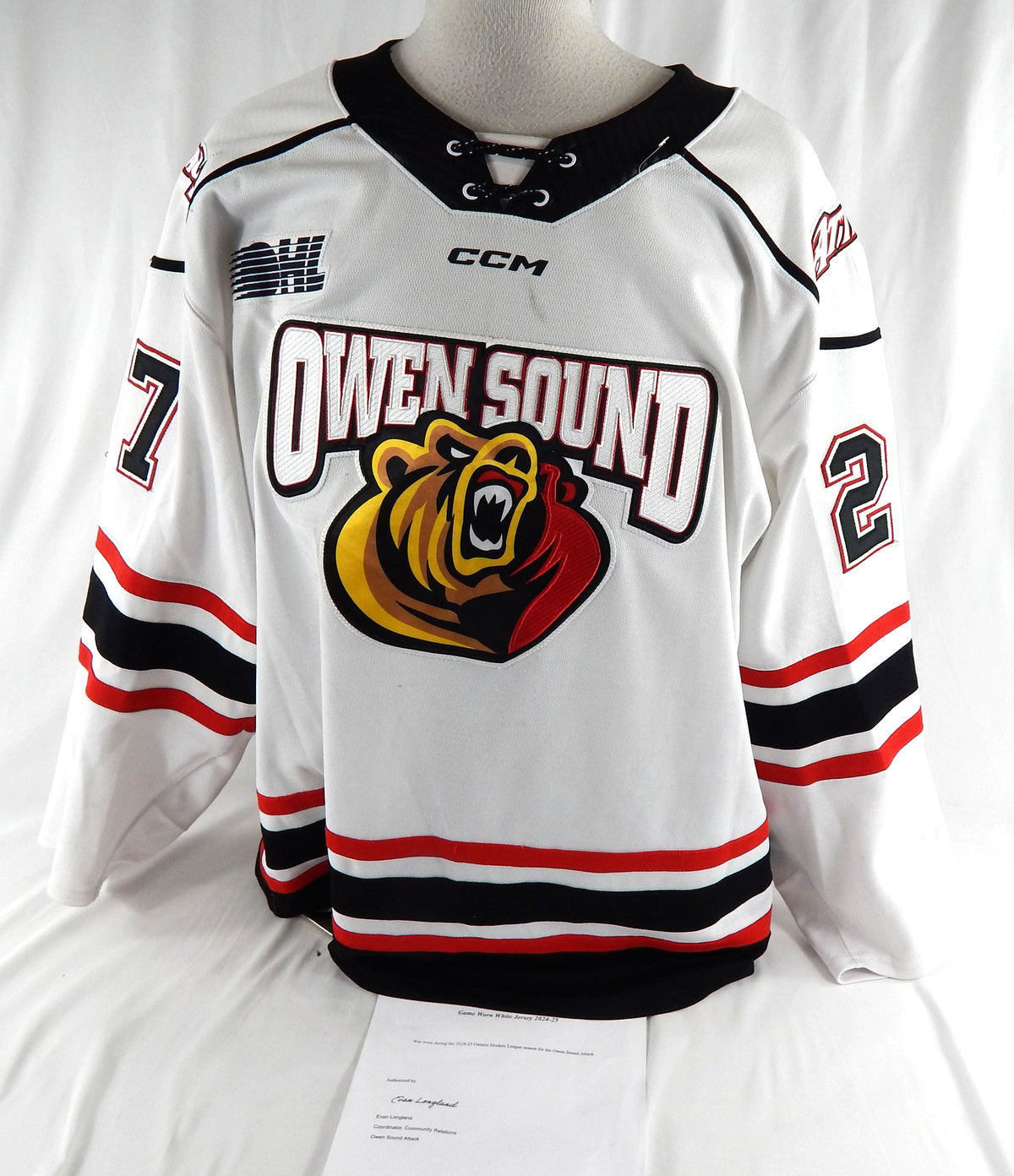 2024-25 Owen Sound Attack Declan Waddick #27 Game Used White Jersey 54 628