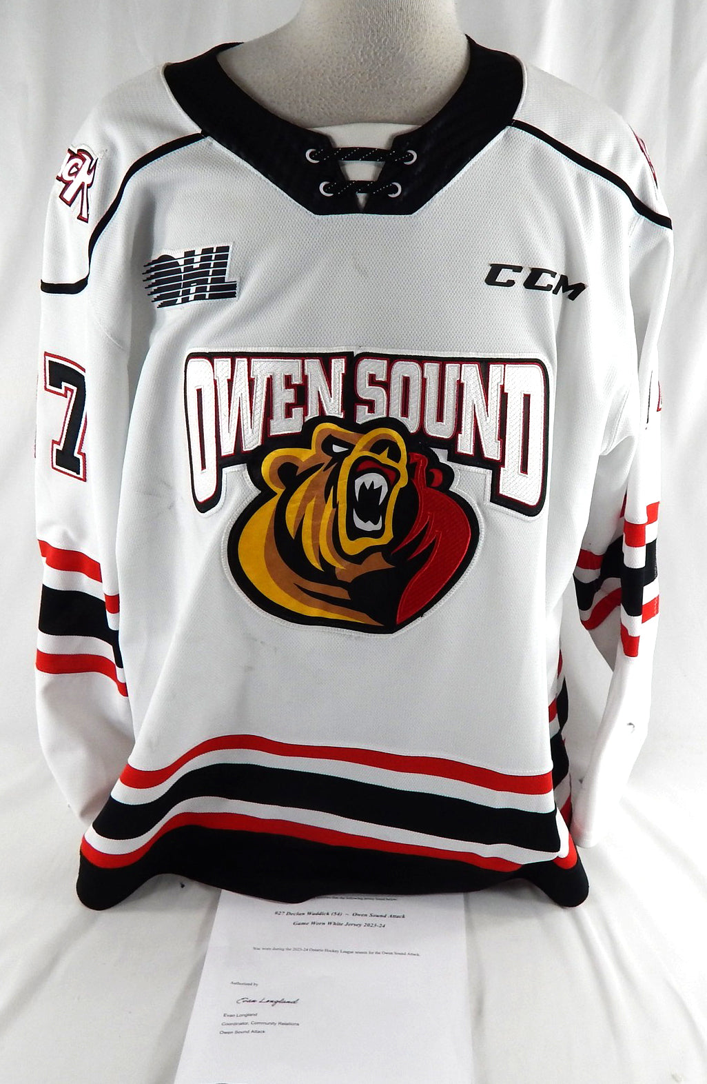 2023-24 Owen Sound Attack Declan Waddick #27 Game Used White Jersey 54 633