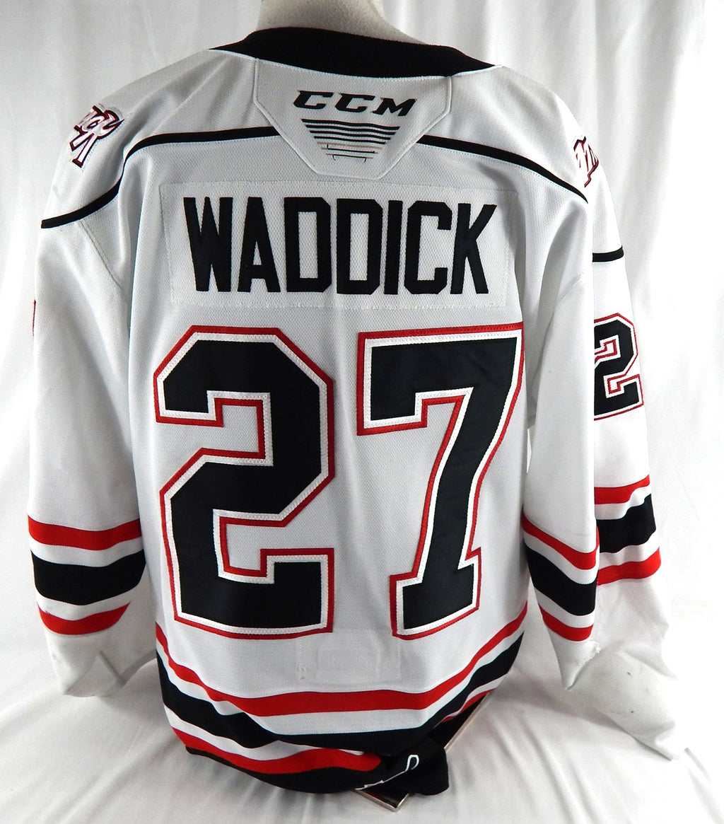2023-24 Owen Sound Attack Declan Waddick #27 Game Used White Jersey 54 633 Pic2