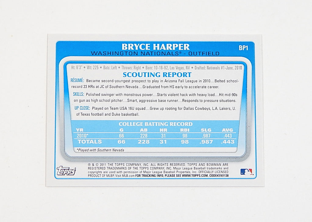 2011 Bowman Prospects Bryce Harper RC #BP1 Pic2