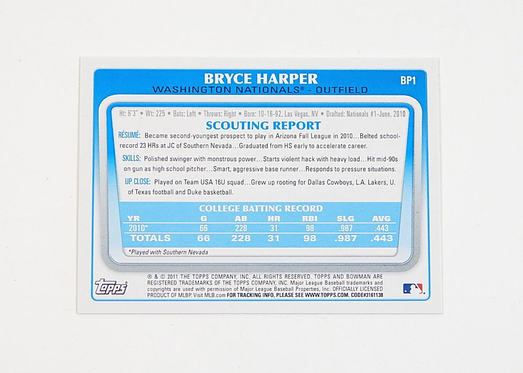 2011 Bowman Prospects Bryce Harper RC #BP1 Pic2