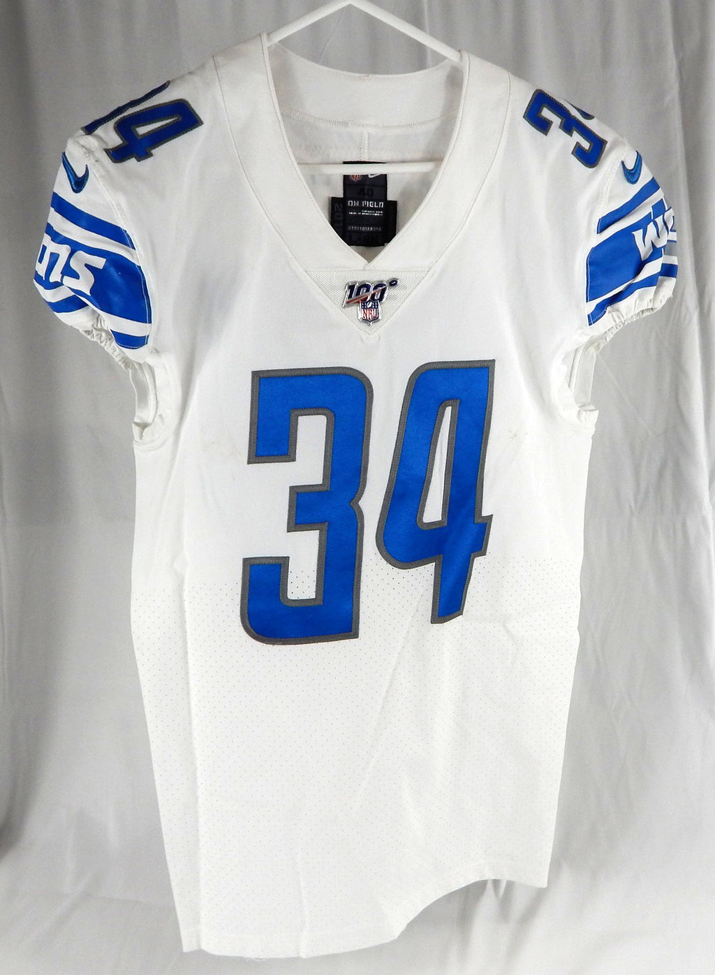 2018 Detroit Lions Tra Carson #34 Game Used White Jersey 100 Year Patch 40 385