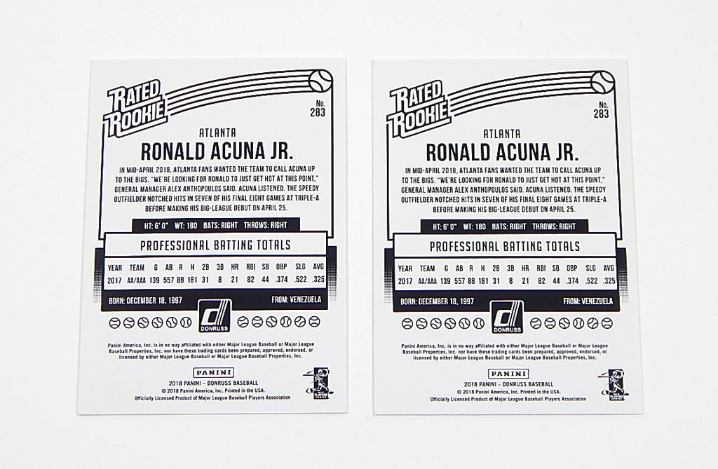 Lot of (2) 2018 Donruss Wrapper Redemption Ronald Acuna Jr. RC #283 Rated Rookie Pic2
