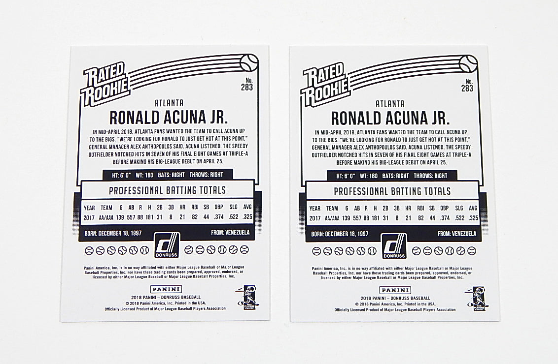Lot of (2) 2018 Donruss Wrapper Redemption Ronald Acuna Jr. RC #283 Rated Rookie Pic2