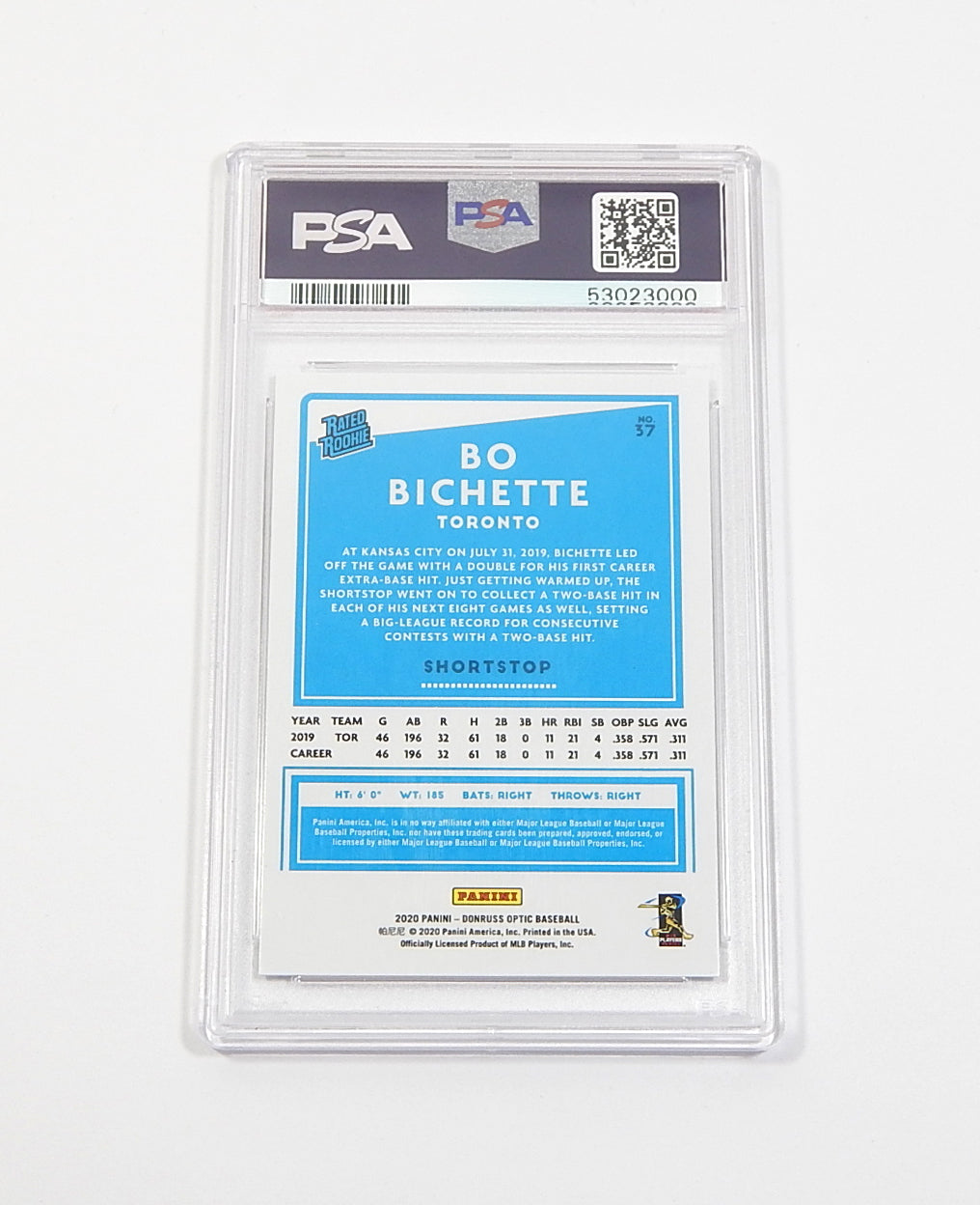 2020 Donruss Optic Rated Rookie Bo Bichette RC #37 PSA 10 Pic2