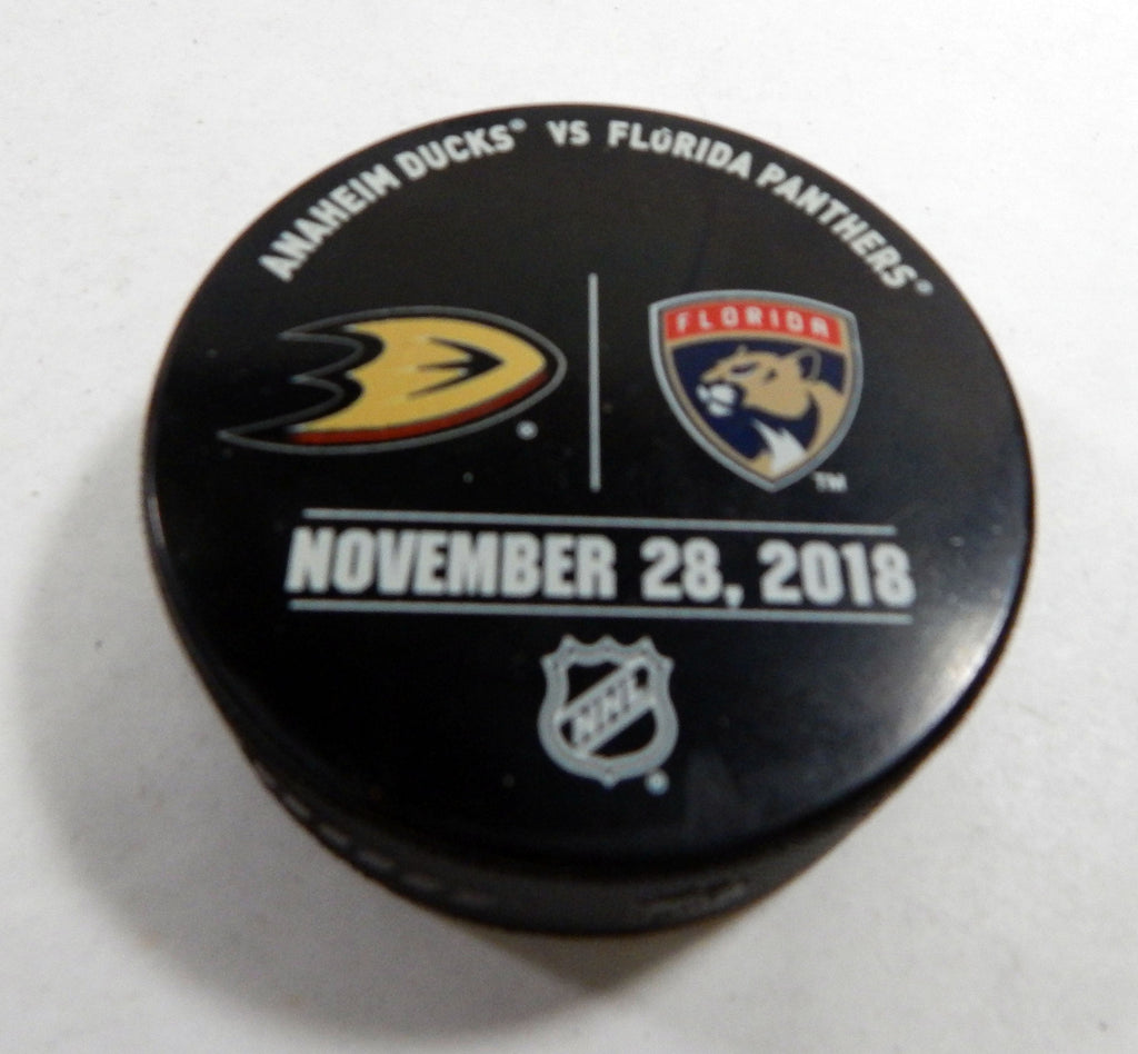 Florida Panthers Vs. Anaheim Ducks Game Used Black Warm Up Puck DP61327