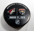 Florida Panthers Vs Arizona Coyotes Game Used Black Warm Up Puck 340