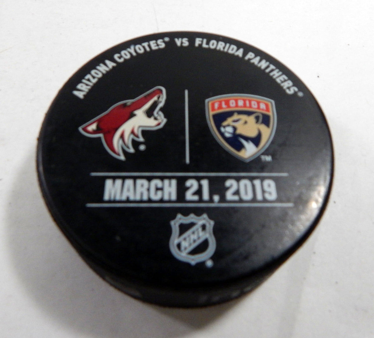 Florida Panthers Vs Arizona Coyotes Game Used Black Warm Up Puck 340