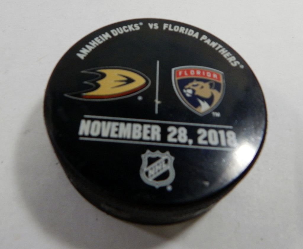 Florida Panthers Vs. Anaheim Ducks Game Used Black Warm Up Puck 362