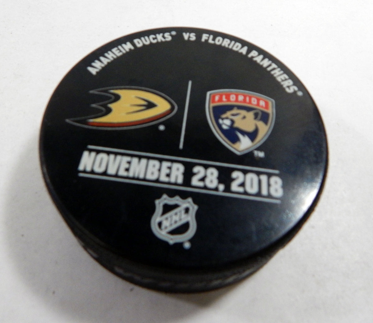 Florida Panthers Vs. Anaheim Ducks Game Used Black Warm Up Puck 377