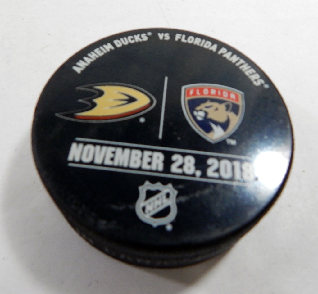 Florida Panthers Vs. Anaheim Ducks Game Used Black Warm Up Puck 380