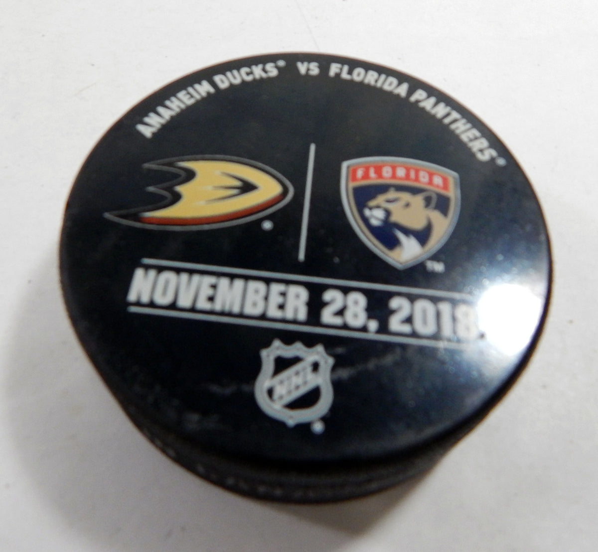 Florida Panthers Vs. Anaheim Ducks Game Used Black Warm Up Puck 380