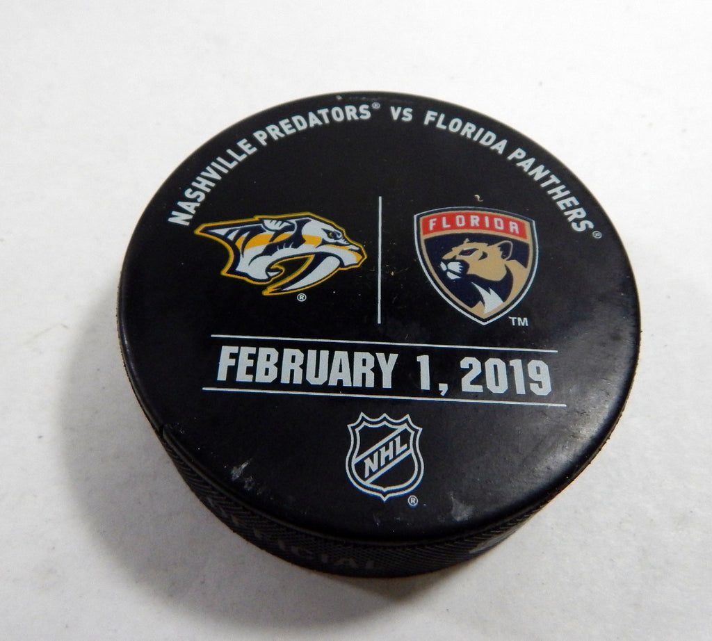 Florida Panthers Vs. Nashville Predators Game Used Black Warm Up Puck 398