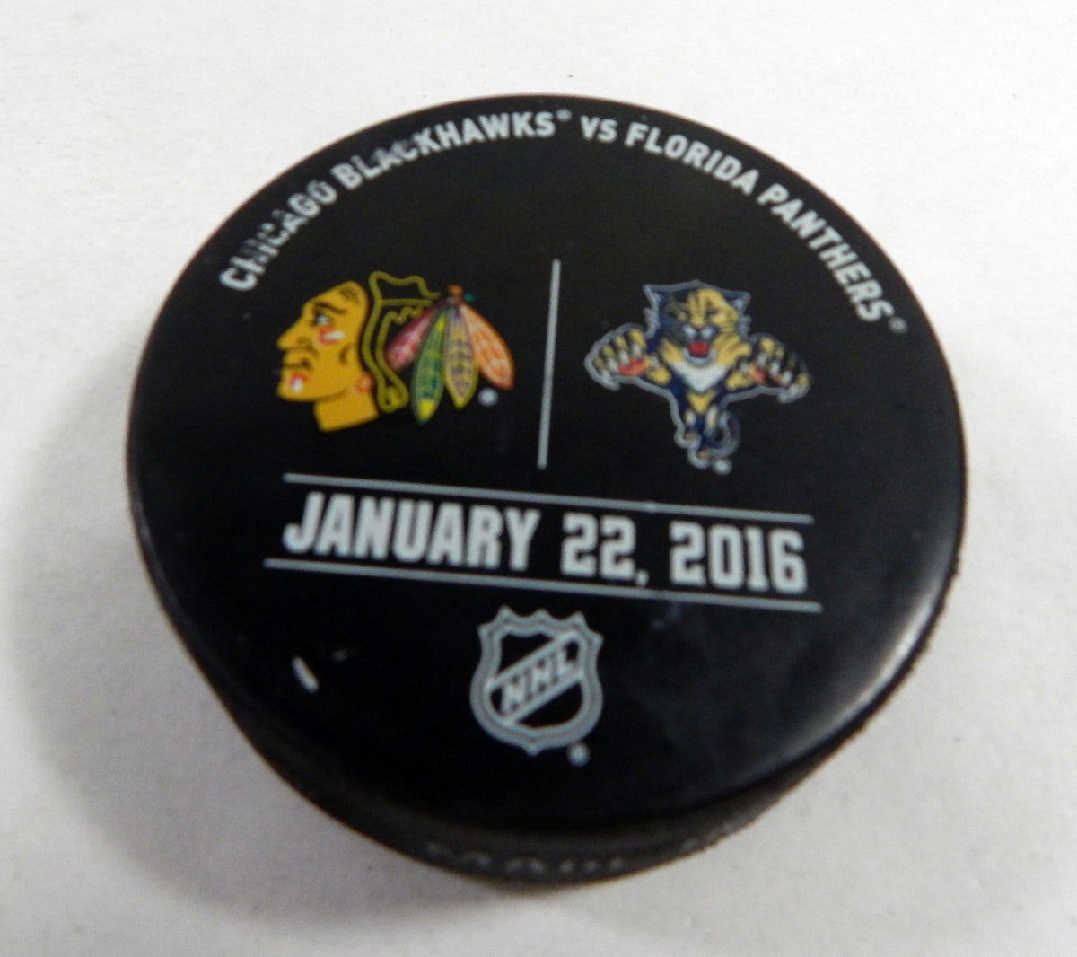 Florida Panthers Vs. Chicago Blackhawks Game Used Black Warm-Up Puck 415