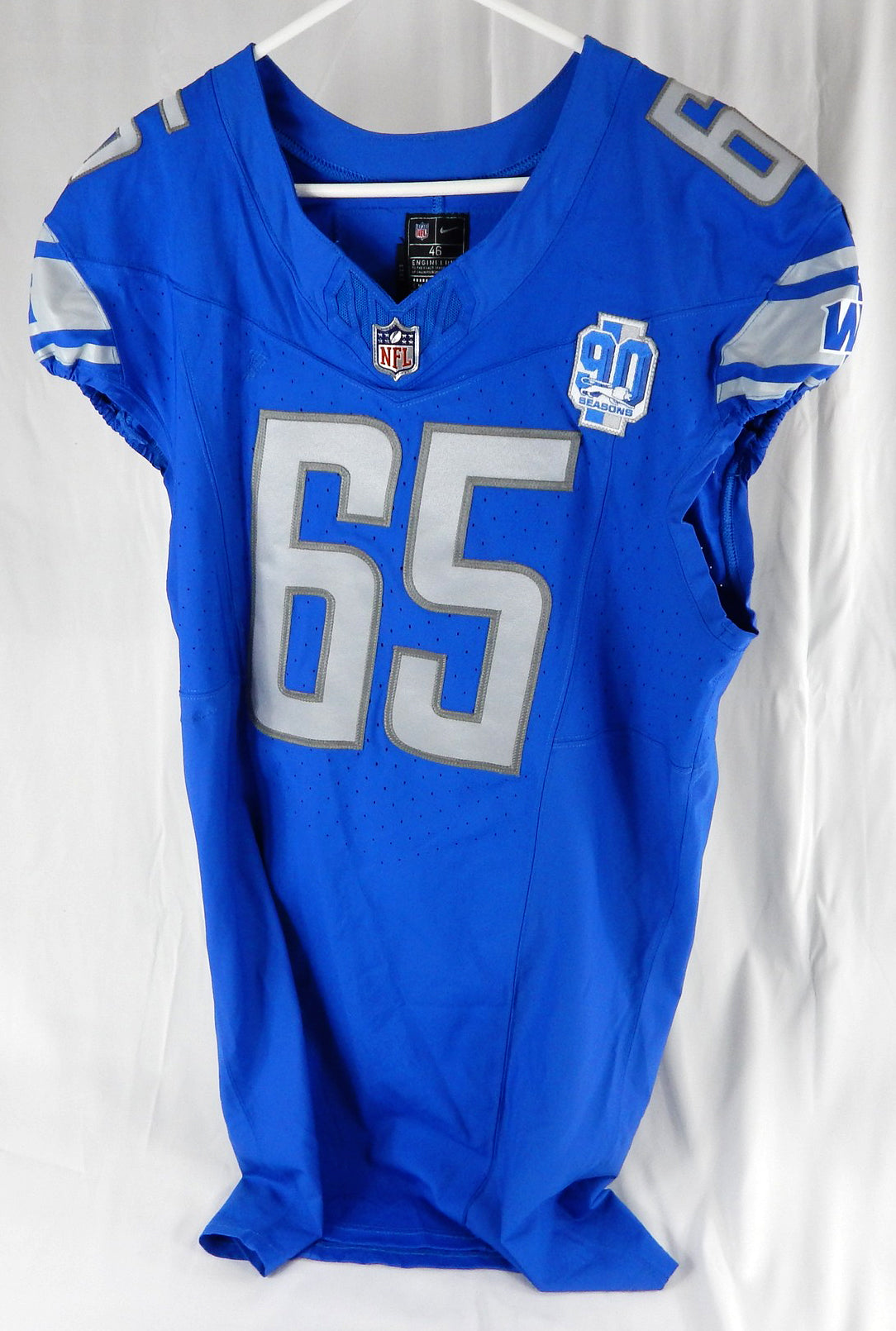 2023 Detroit Lions Obinna Eze #65 Game Used Blue Jersey 90 Seasons Patch 46 634