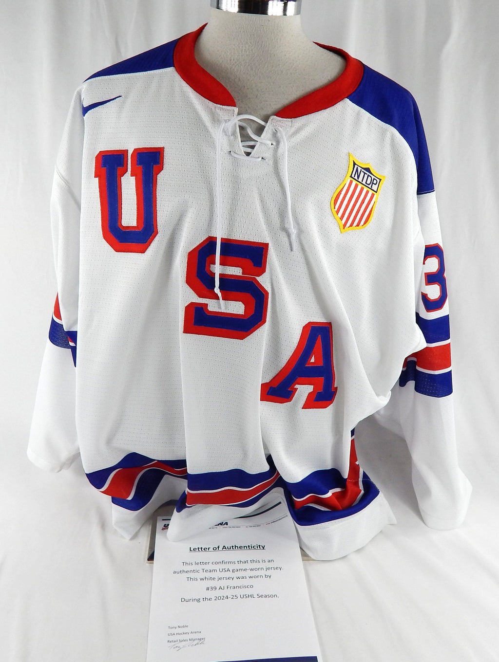 2024-25 Team USA Hockey NTDP AJ Francisco #39 Game Used White Jersey 56 246