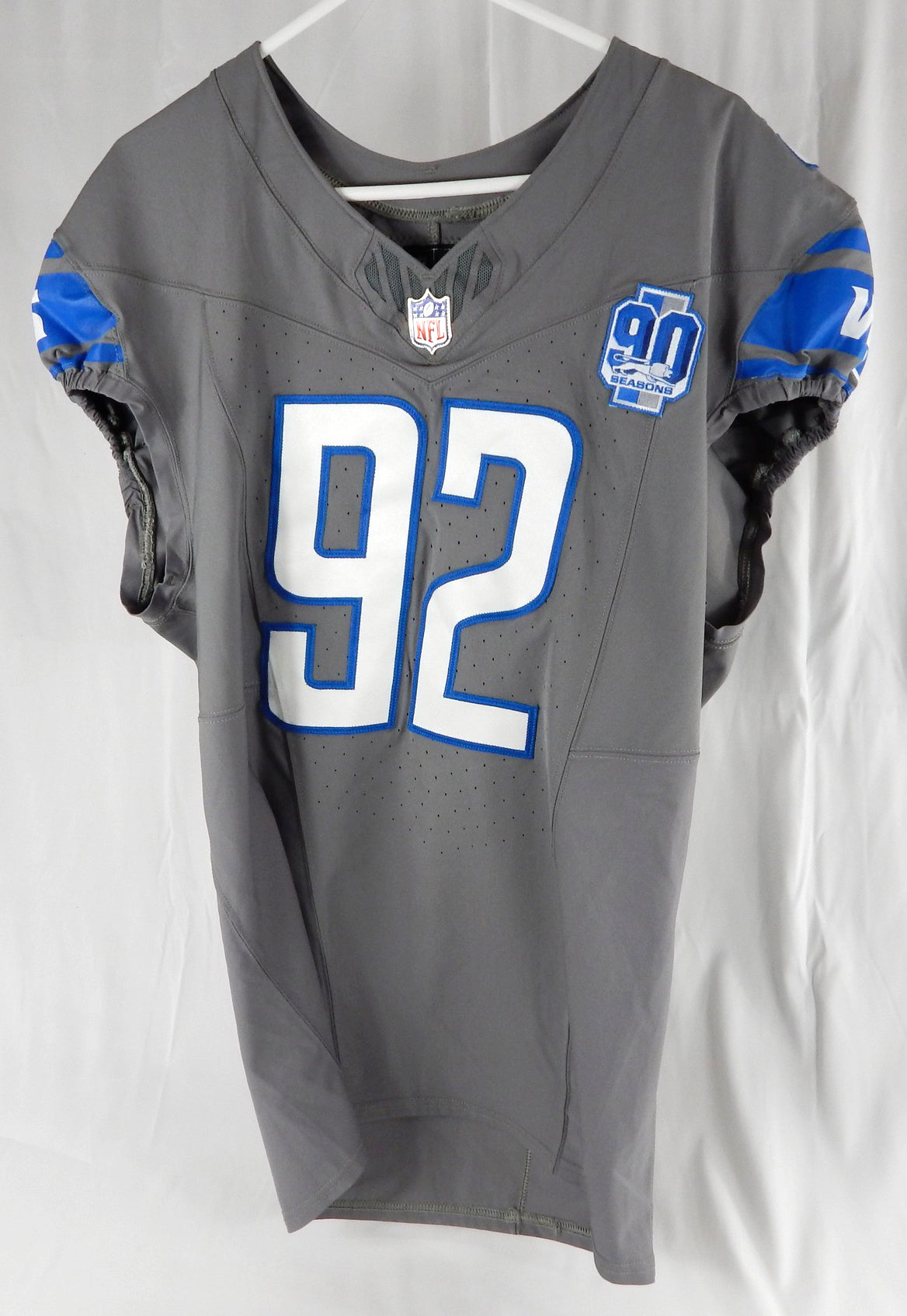 2023 Detroit Lions Chris Smith #92 Game Issued Grey Jersey 90 Seasons Patch 46 6