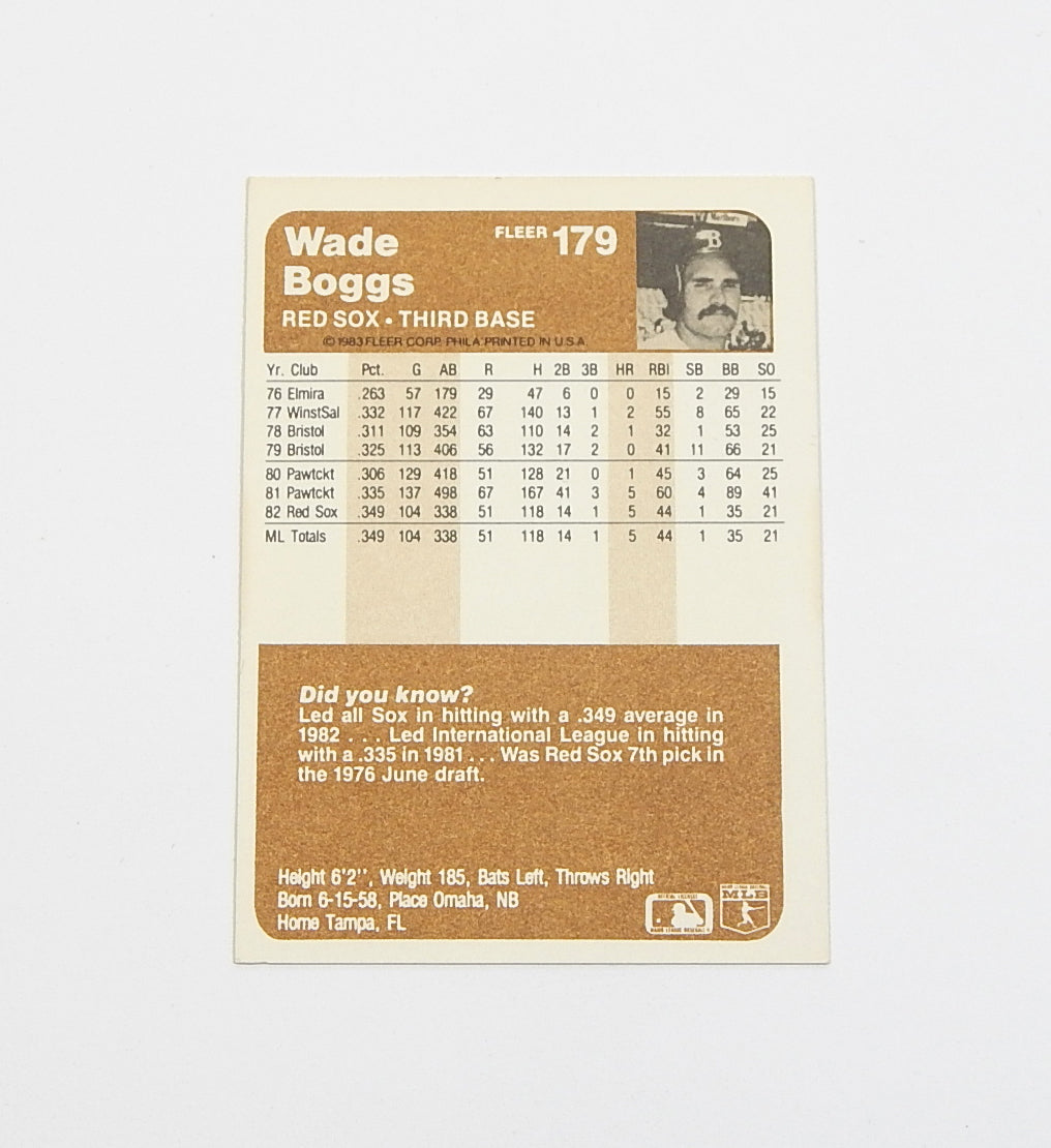 1983 Fleer Wade Boggs RC #179 Rookie Pic2