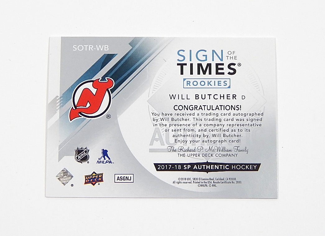 2017-18 SP Authentic Sign of the Times Rookies Will Butcher #SOTR-WB Auto /99 Pic2