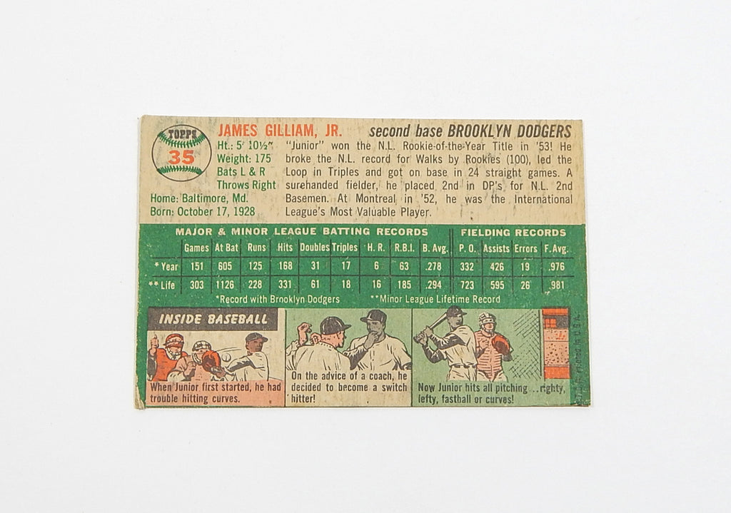 1954 Topps Junior Gilliam #35 Dodgers Poor Pic2