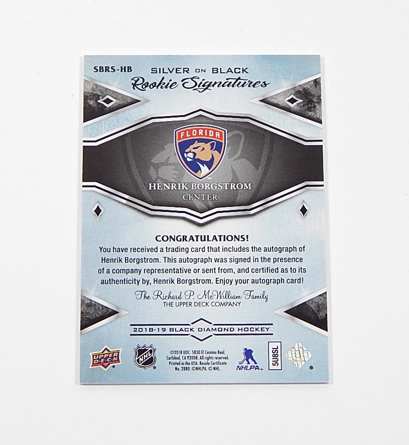 2018-19 Black Diamond Rookie Signatures Henrik Borgstrom RC Silver Auto /249 Pic2