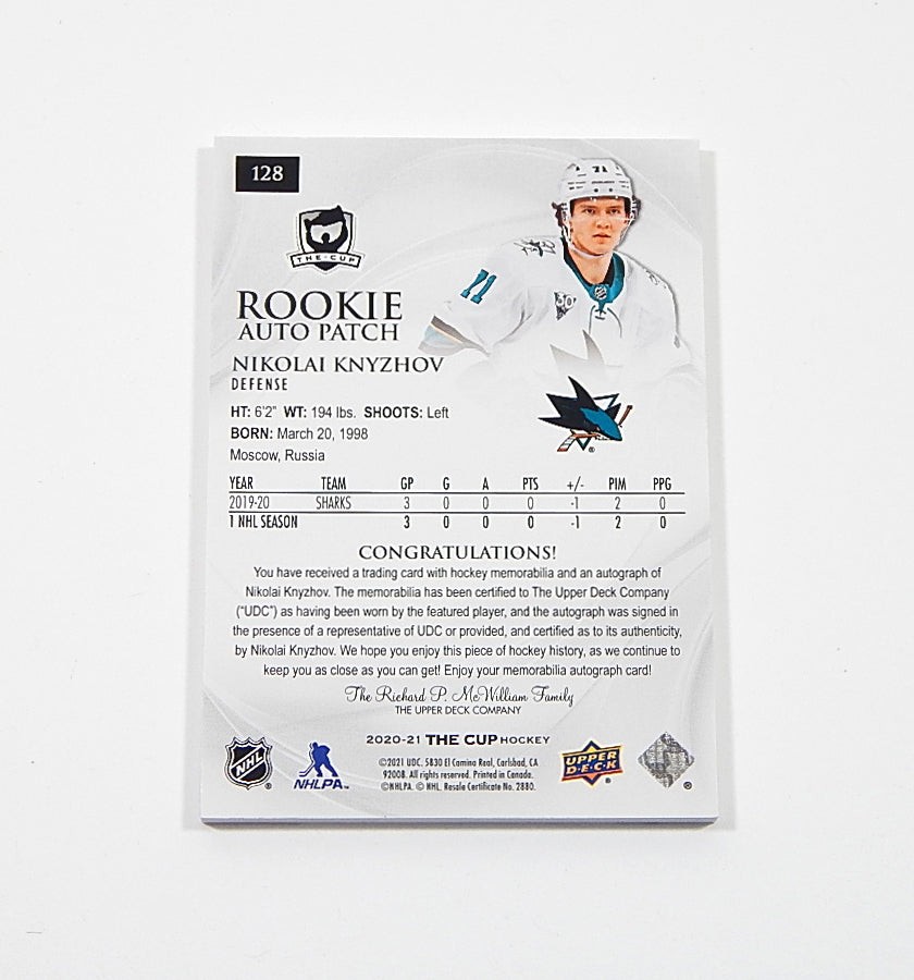 2020-21 UD The Cup Nikolai Knyzhov RC #128 Rookie Patch Auto RPA /249 Pic2