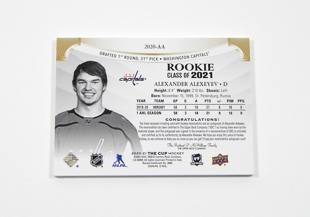 2020-21 UD The Cup Rookie Class of '21 Patch Auto Alexander Alexeyev RC #'d /25 Pic2