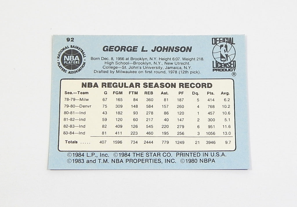 1984-85 Star Co. George Johnson #92 Nets Nm/Mt Pic2