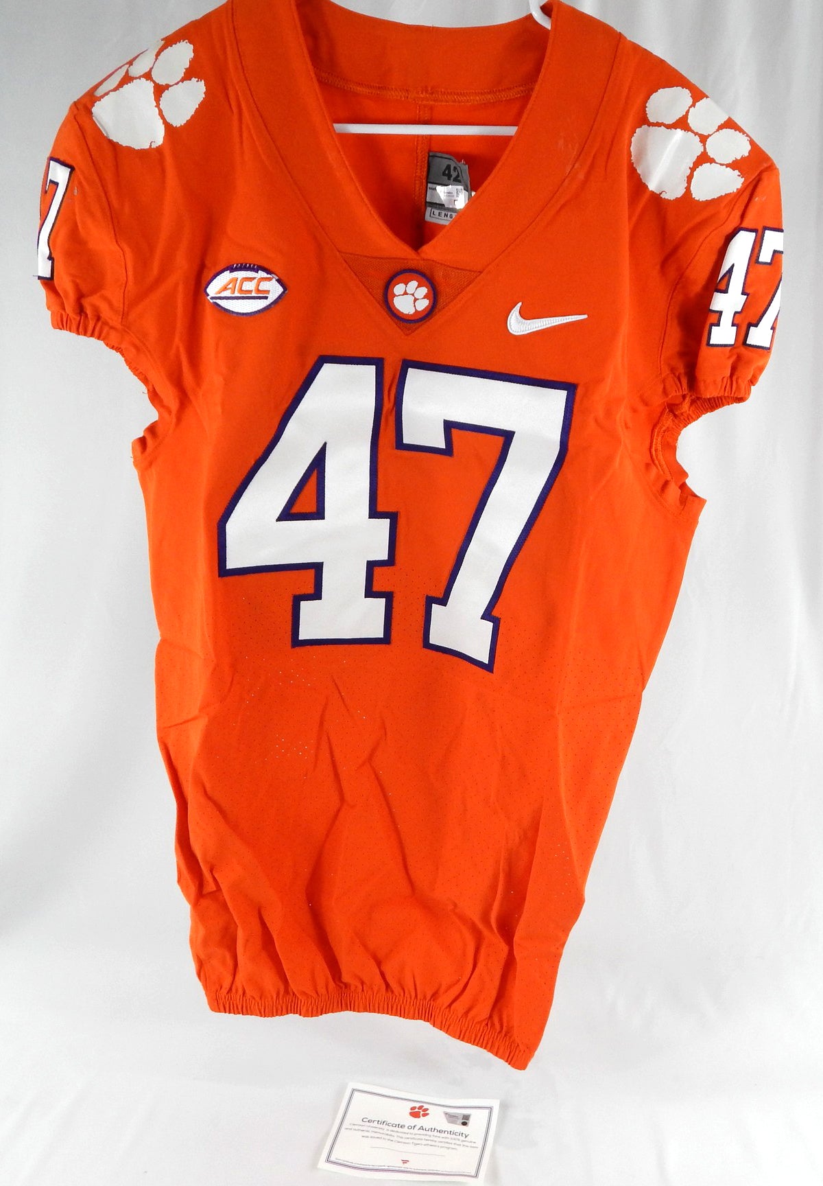 2017-22 Clemson Tigers #47 Game Issued Pos Used Orange Jersey Football NP Rem 4
