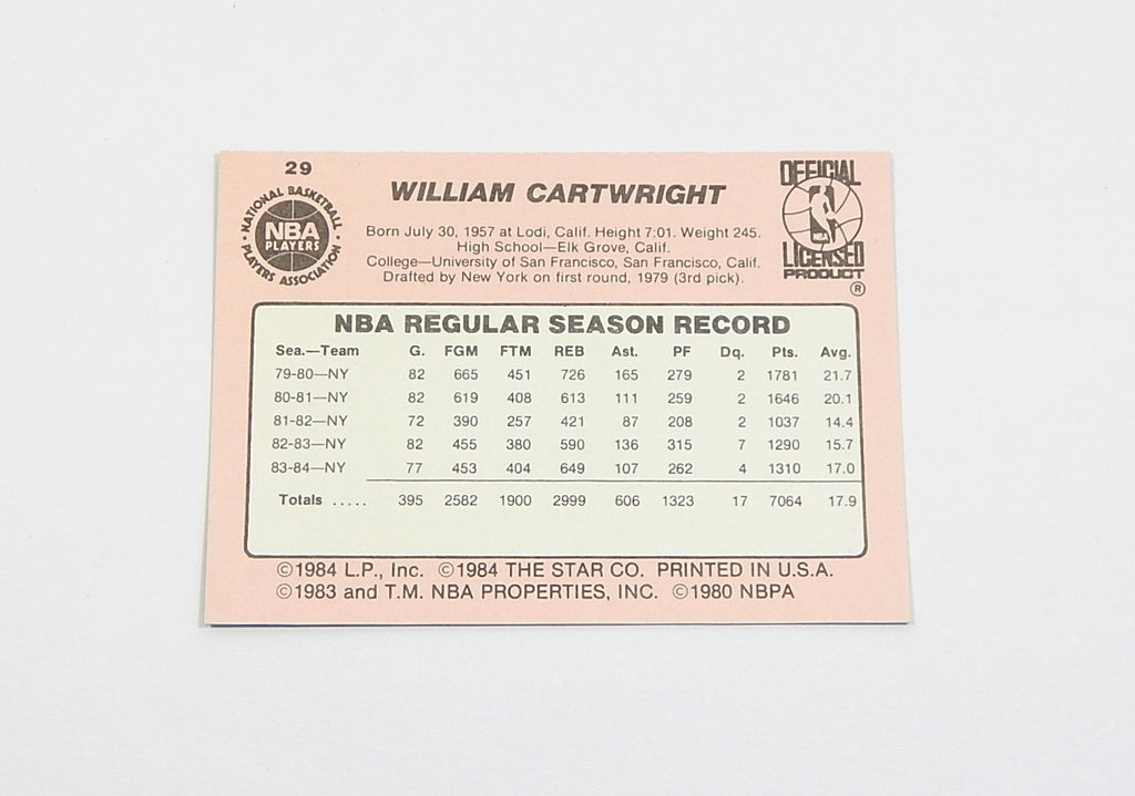 1984-85 Star Co. Bill Cartwright #29 Knicks Nm/Mt Pic2