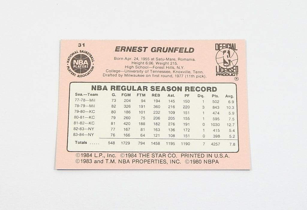 1984-85 Star Co. Ernie Grunfeld #31 Knicks Nm/Mt Pic2