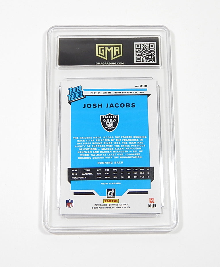 2019 Donruss Rated Rookie Press Proof Blue Josh Jacobs RC #308 GMA 10 Pic2