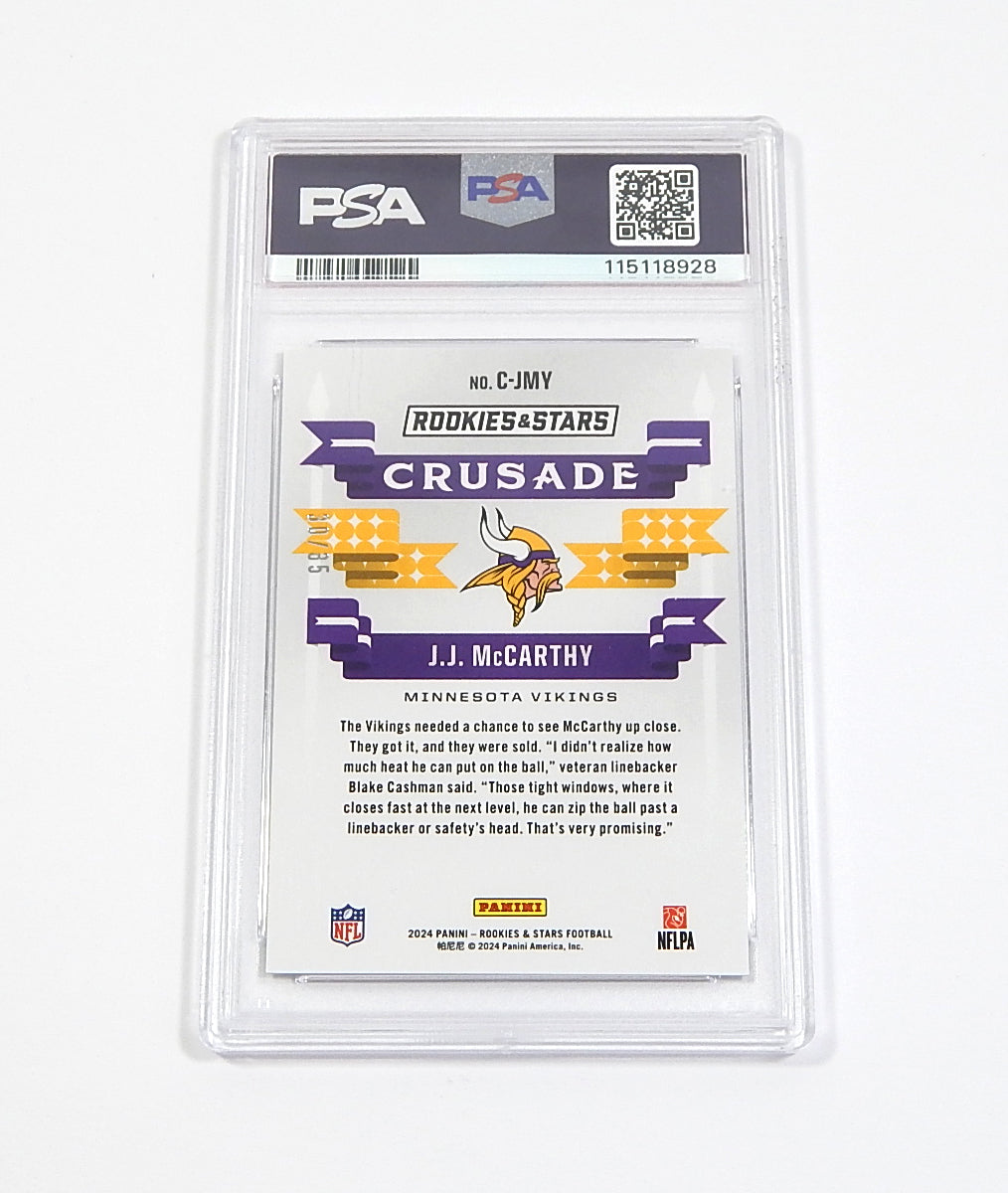 2024 Rookies & Stars Crusade Purple JJ McCarthy RC #C-JMY #'d 30/35 PSA 10 Pic2