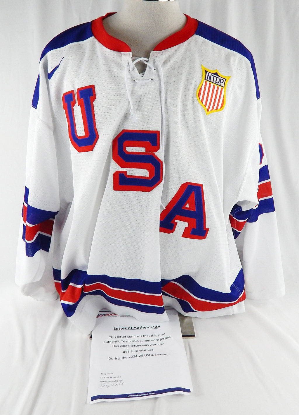 2024-25 Team USA Hockey NTDP Sam Wathier #58 Game Used White Jersey 58 276