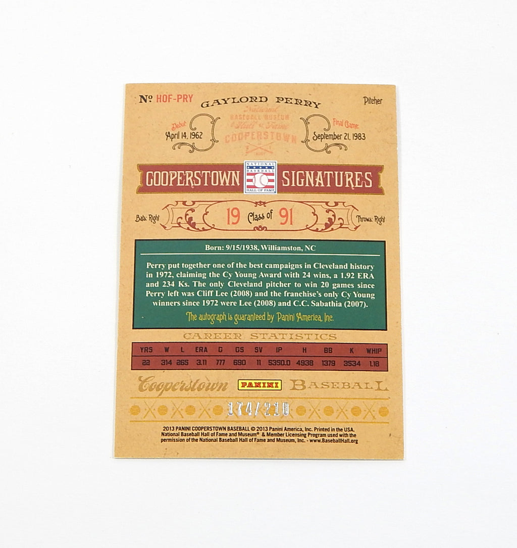 2013 Panini Cooperstown Signatures Gaylord Perry #HOF-PRY On Card Auto #'d /210 Pic2