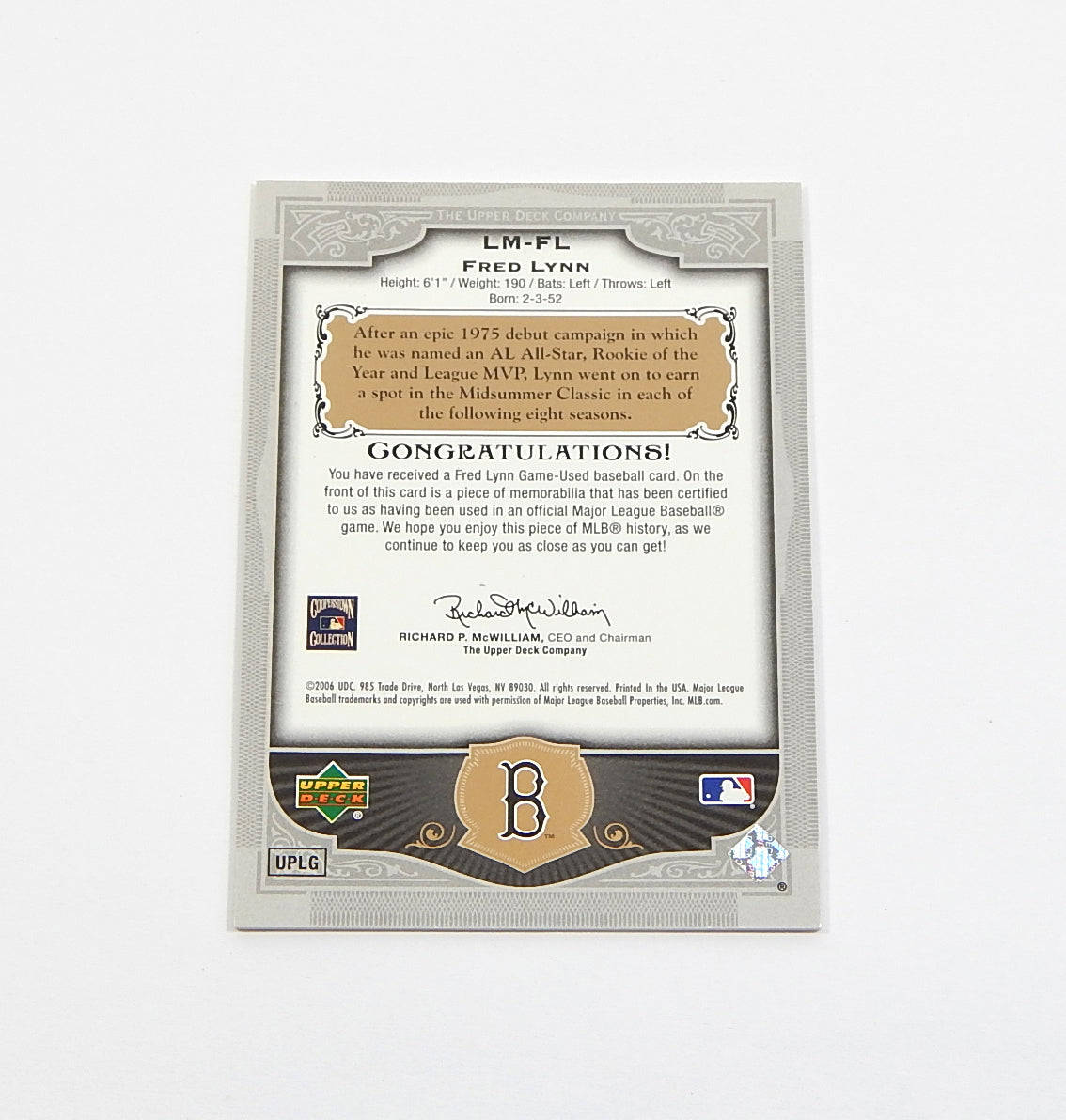 2006 SP Legendary Cuts Legendary Materials Gold Fred Lynn #LM-FL Bat Relic /225 Pic2