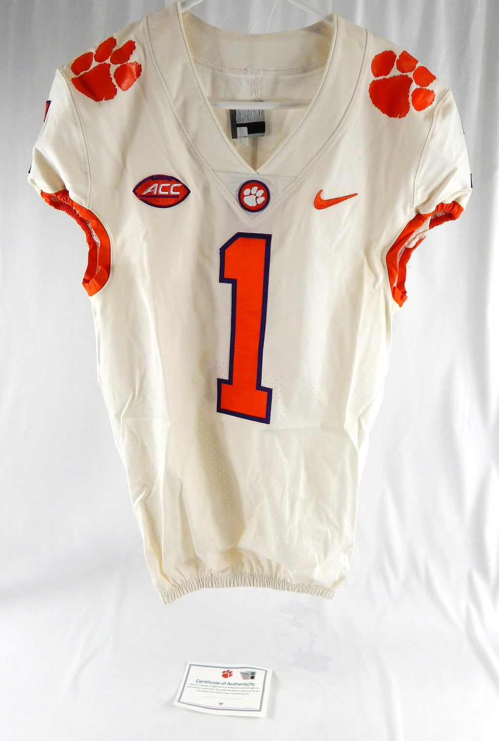 2017-22 Clemson Tigers #1 Game Issued Pos Used White Jersey Football NP R 38 892