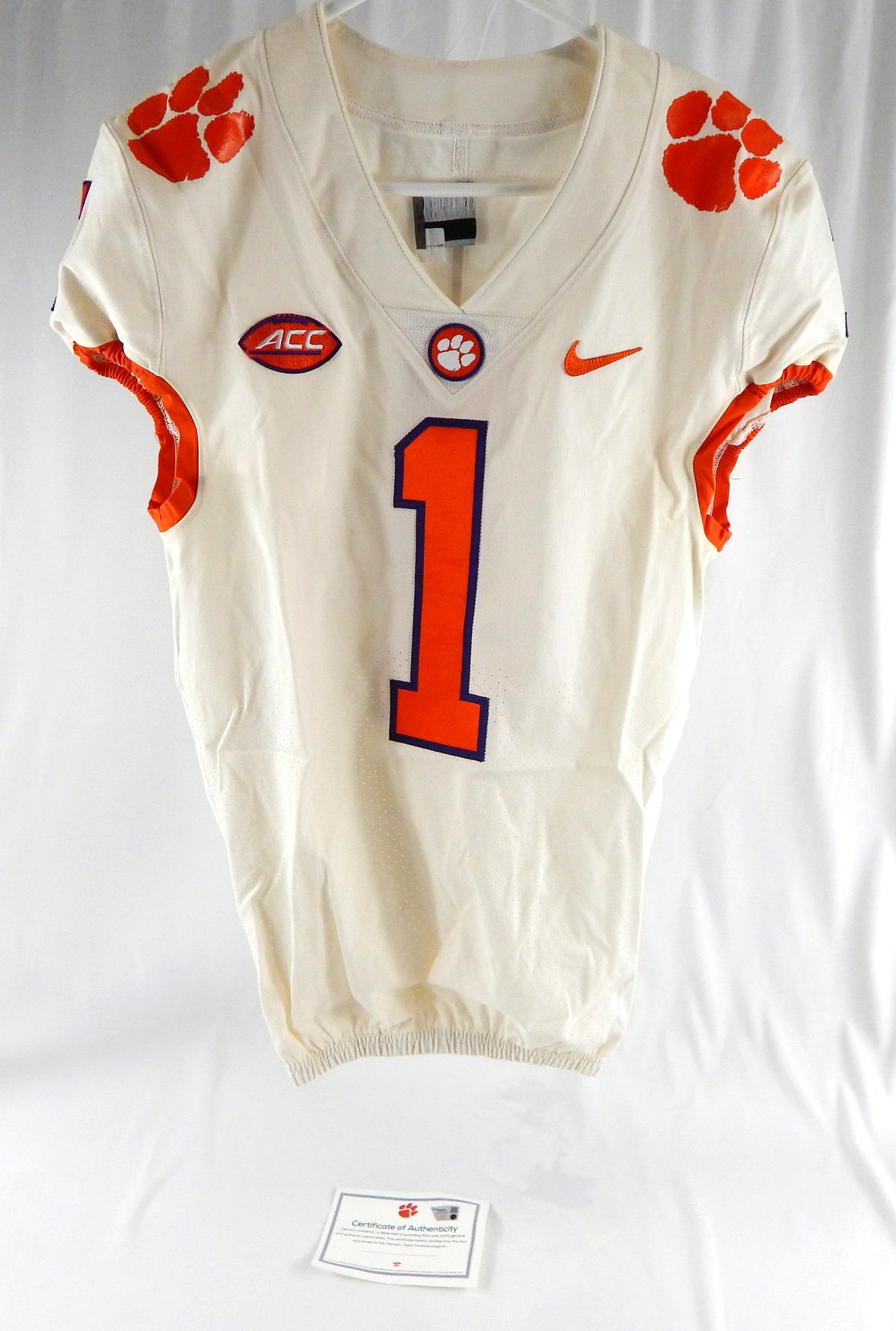 2017-22 Clemson Tigers #1 Game Issued Pos Used White Jersey Football NP R 38 892