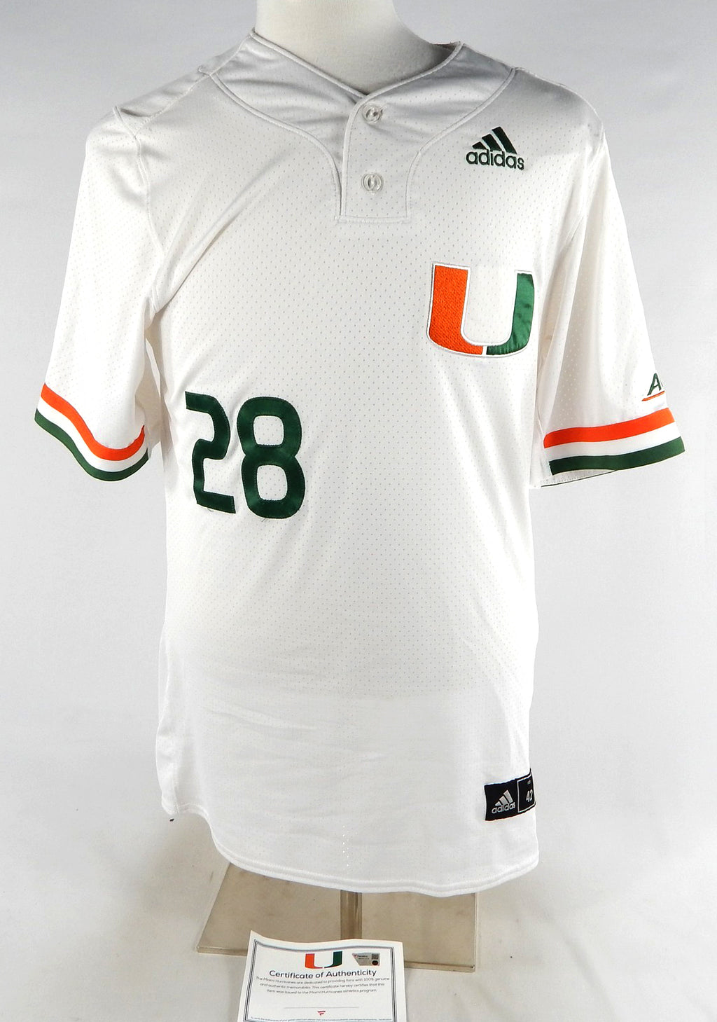 Miami Hurricanes #28 Game Used White Jersey Baseball Name Plate Removed 42 812