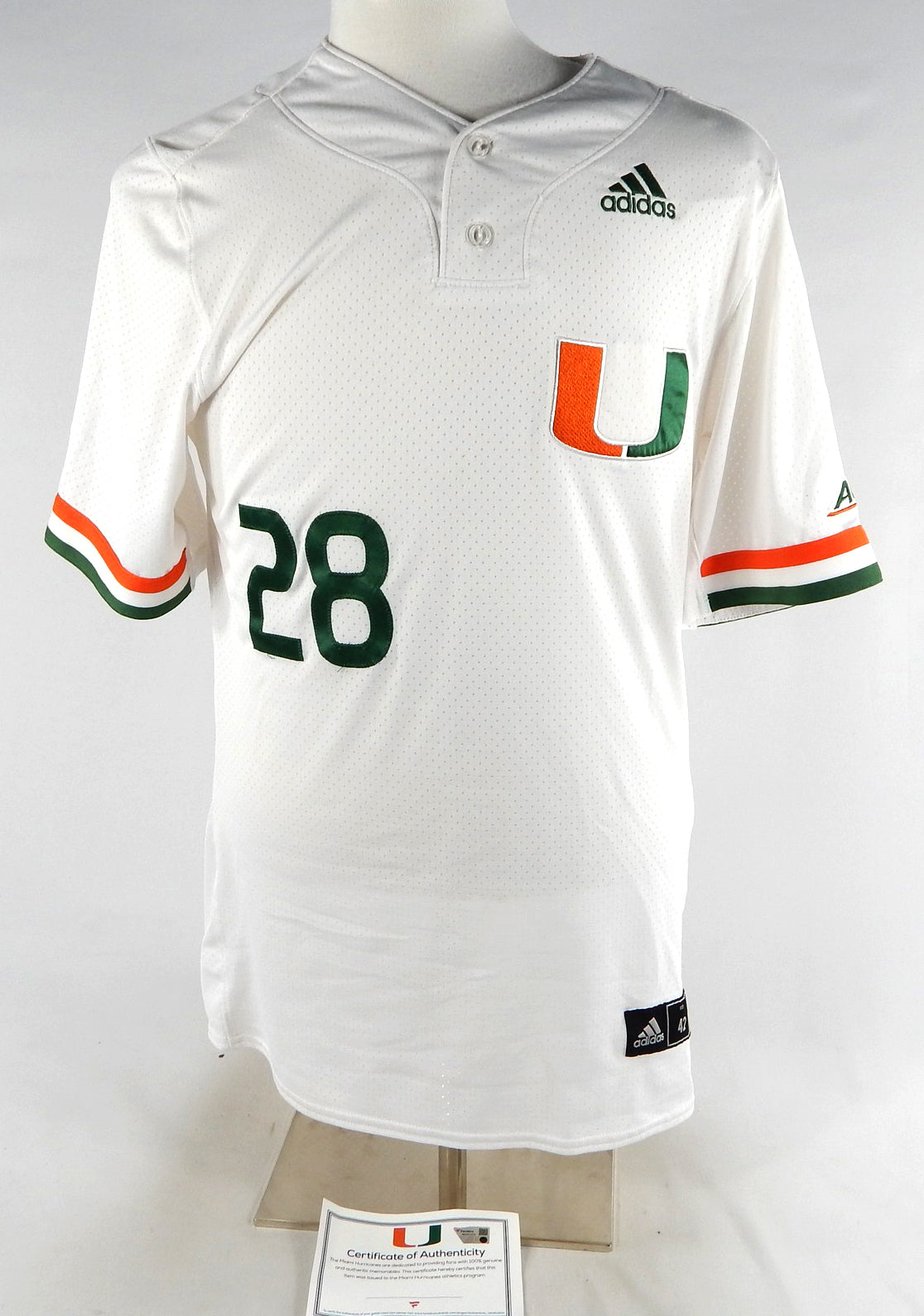 Miami Hurricanes #28 Game Used White Jersey Baseball Name Plate Removed 42 812