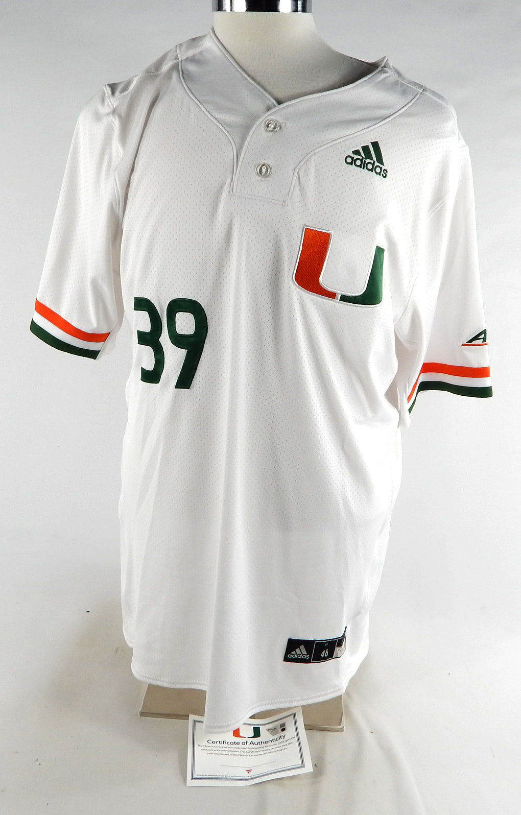 Miami Hurricanes #39 Game Used White Jersey Baseball Name Plate Removed 46 822