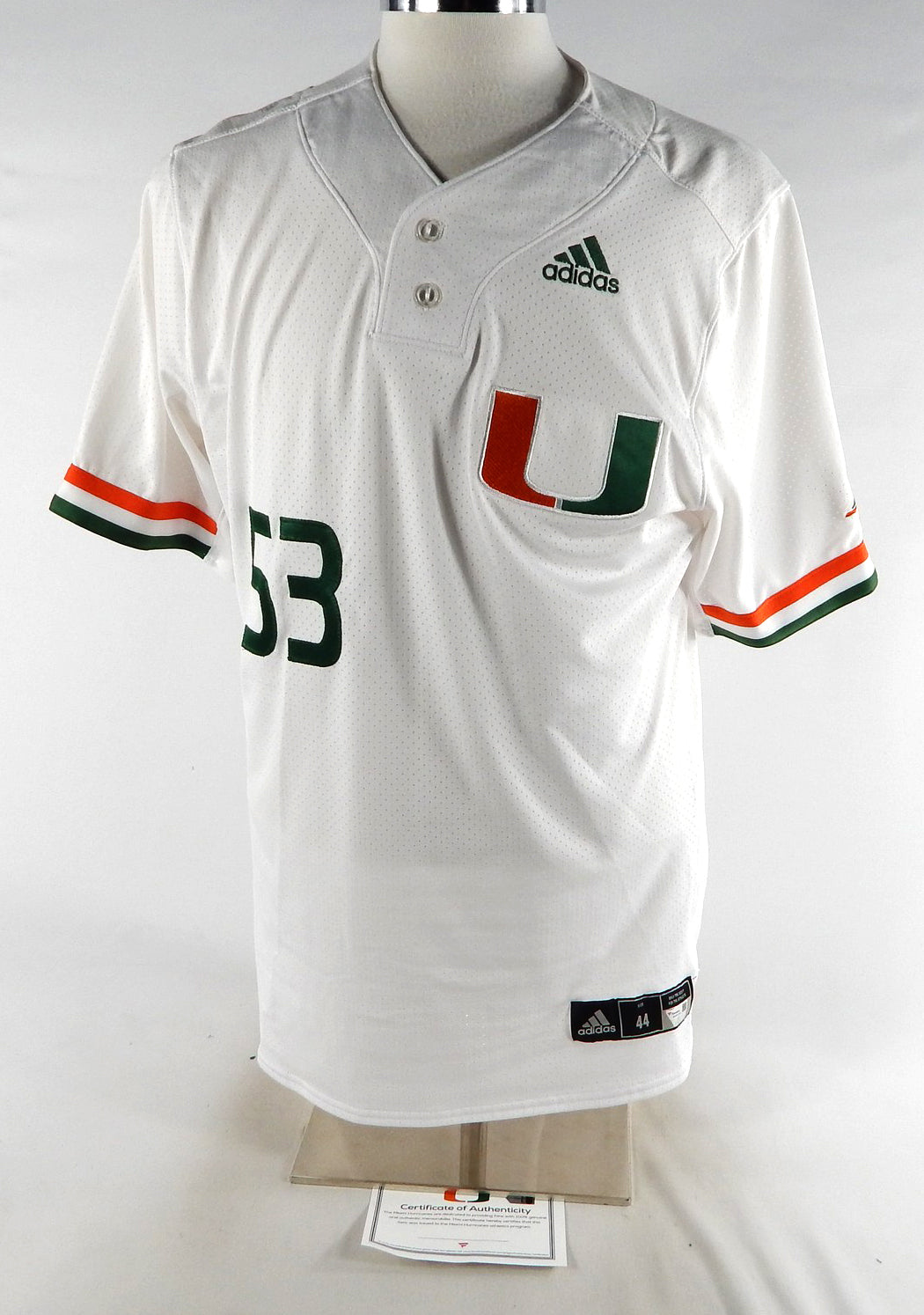 Miami Hurricanes #53 Game Used White Jersey Baseball Name Plate Removed 44 829