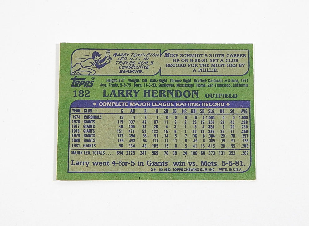 1982 Topps Larry Herndon #182 Signed On Card Auto Autograph Pic2