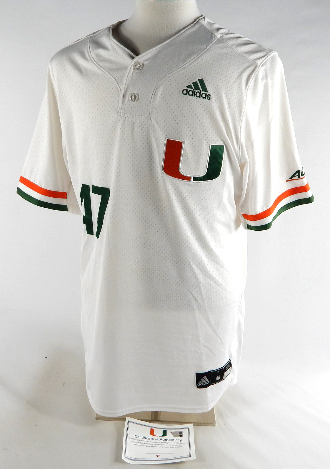 Miami Hurricanes #47 Game Used White Jersey Name Plate Removed Baseball 46 845