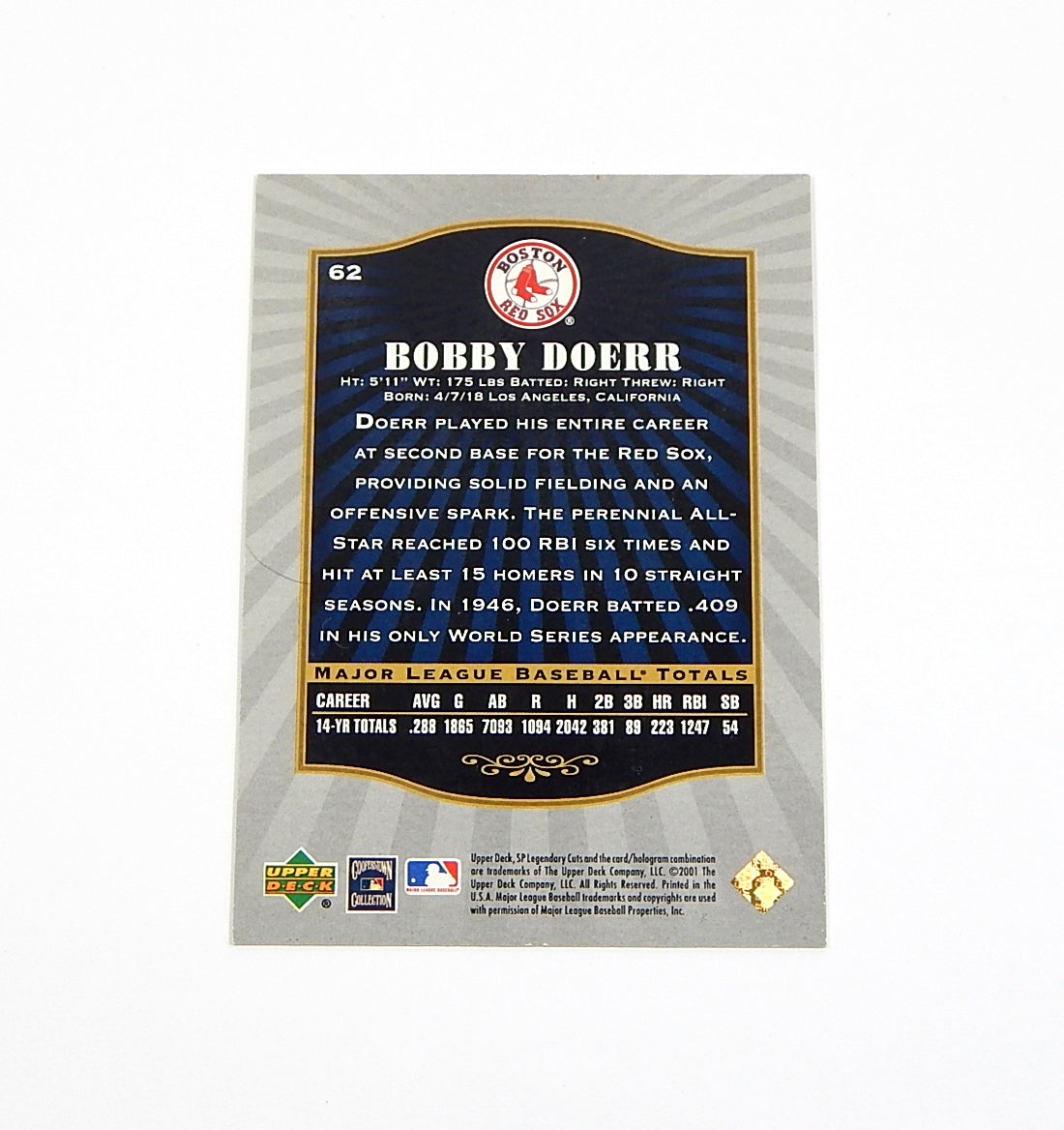 2001 SP Legendary Cuts Bobby Doerr #62 Signed On Card Auto Autograph Pic2