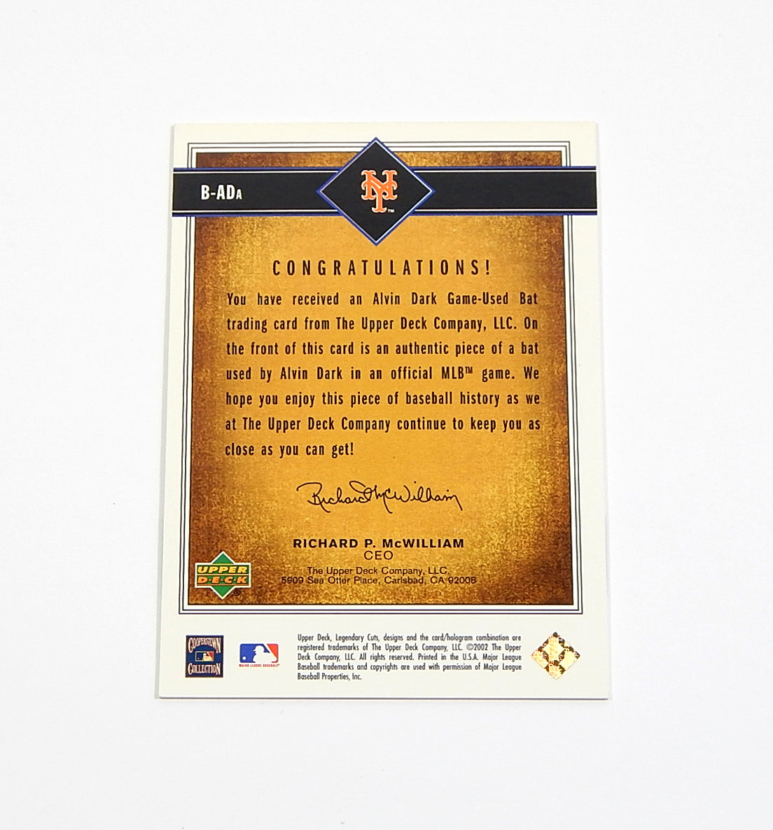 2002 SP Legendary Cuts Game Bat Alvin Dark #B-ADA Game Used Bat Relic Pic2